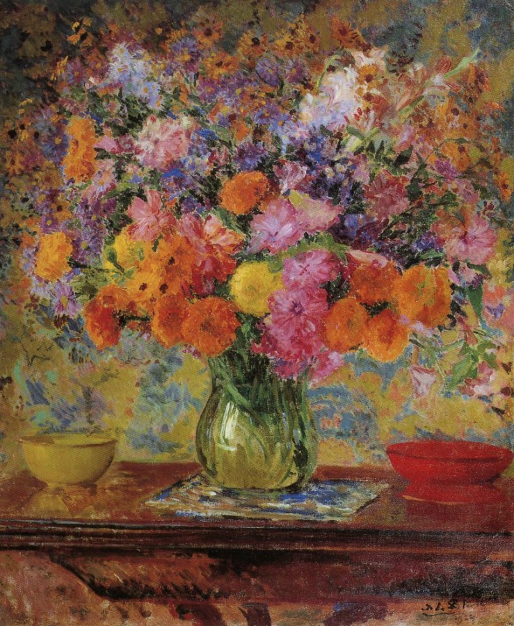 Bouquet de fleurs au vase en verre