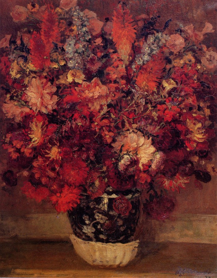 Bouquet de fleurs au vase bleu