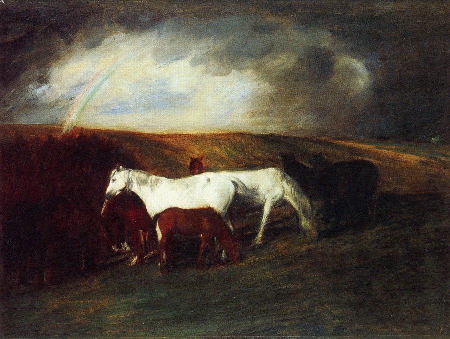 Chevaux dans un paysage à l’arc en ciel