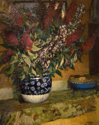 Bouquet de lupins au vase bleu
