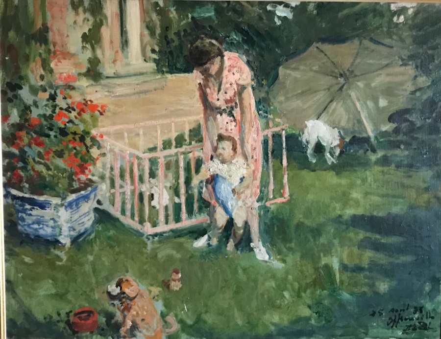 Bernard Mévil-Blanche et sa mère dans le jardin, Offranville